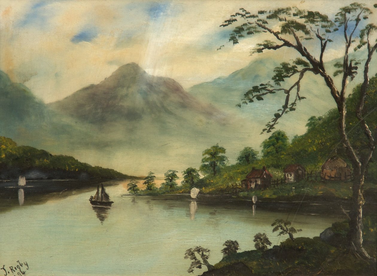 Landskab med sø, bjerge og sejlbåd, 1894 (olie på glas) af J. Rigby