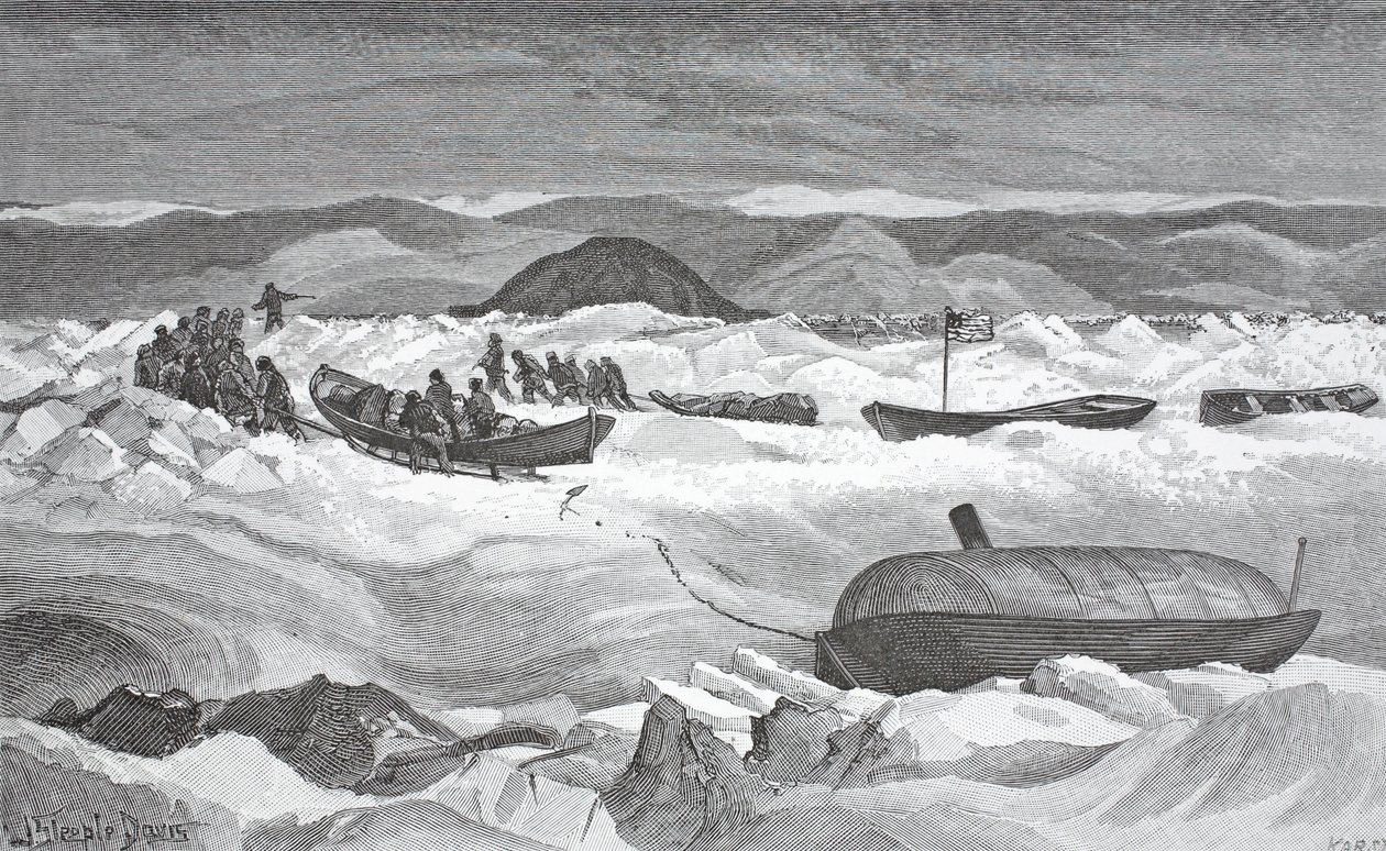 Abandoning launch, Lady Greely, 10. september 1883, pub. London 1886 af J. Steeple Davis