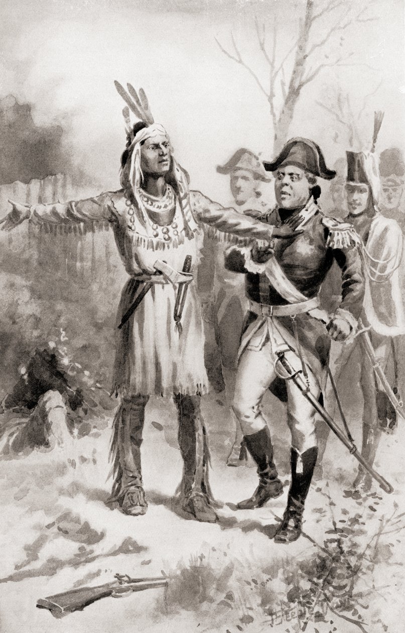 Tecumseh irettesætter general Proctor for at trække sig tilbage under slaget ved Themsen, alias slaget ved Moraviantown, som var en del af krigen i 1812, fra The History of Our Country, udgivet 1905 (literet af J. Steeple Davis
