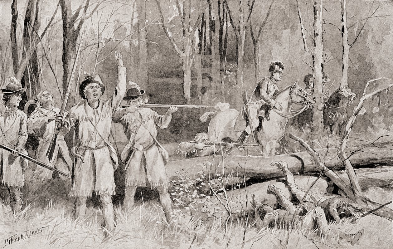 The Battle of Fallen Timbers, 20. august 1794, det sidste slag i den nordvestlige indiske krig, fra The History of Our Country, udgivet 1905 af J. Steeple Davis