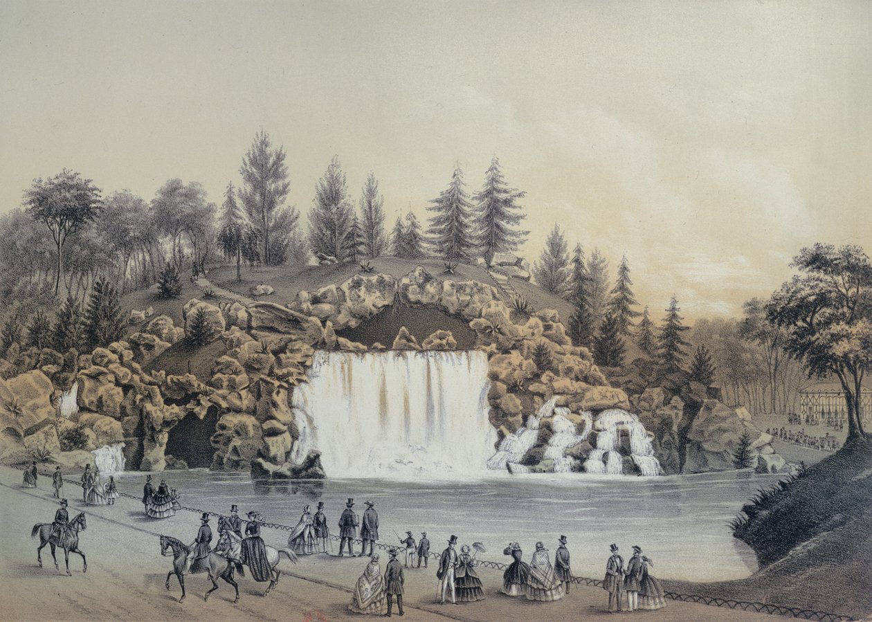 Den store kaskade i Bois de Boulogne i Paris, udgivet af Caudrilier, 1860 af J. Walter