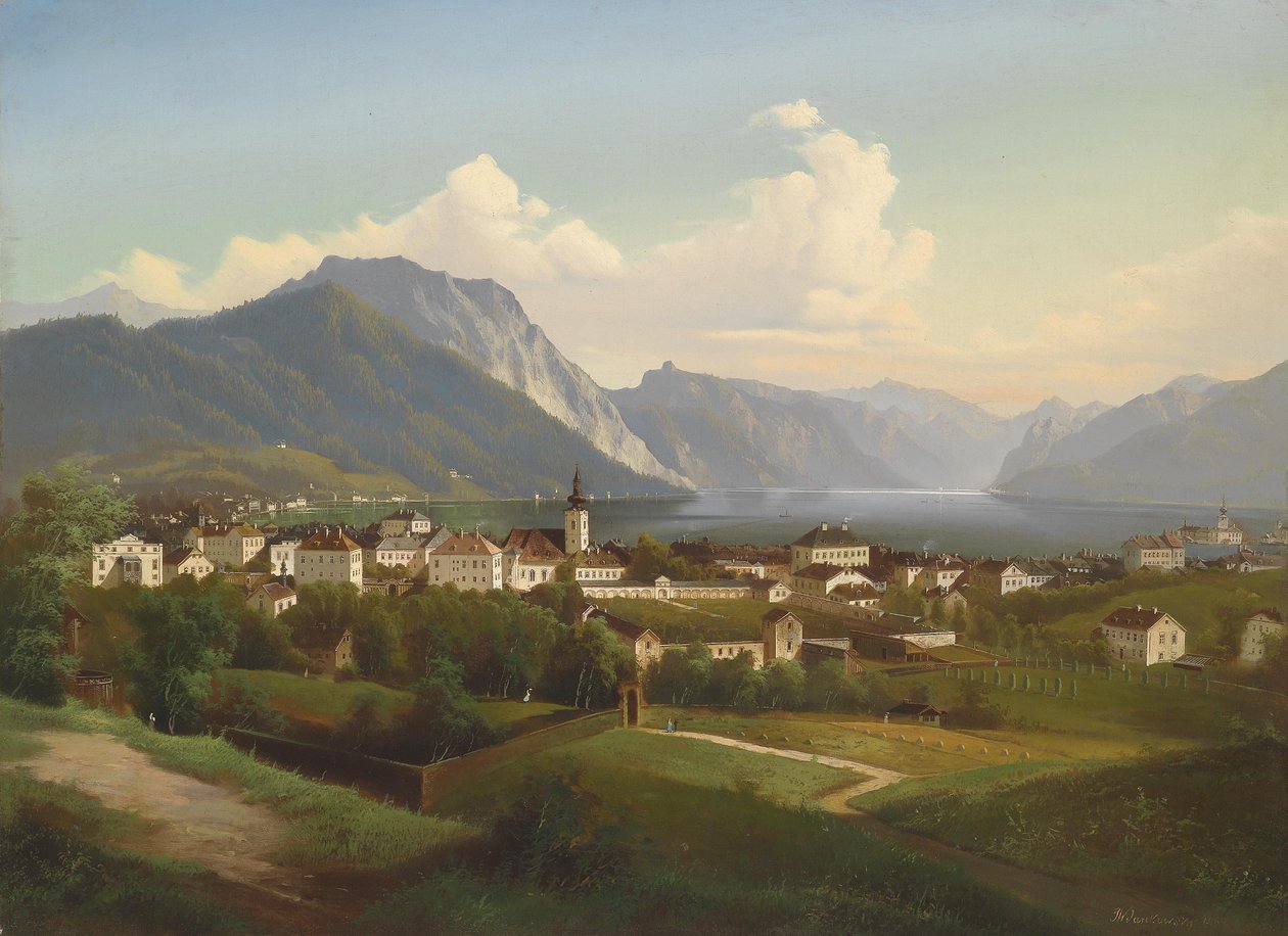 Udsigt over Gmunden og Orth Slot ved Traunsee af J. Wilhelm Jankowsky