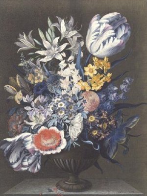 Urne med blomster på et marmorbord af J.A. Simson