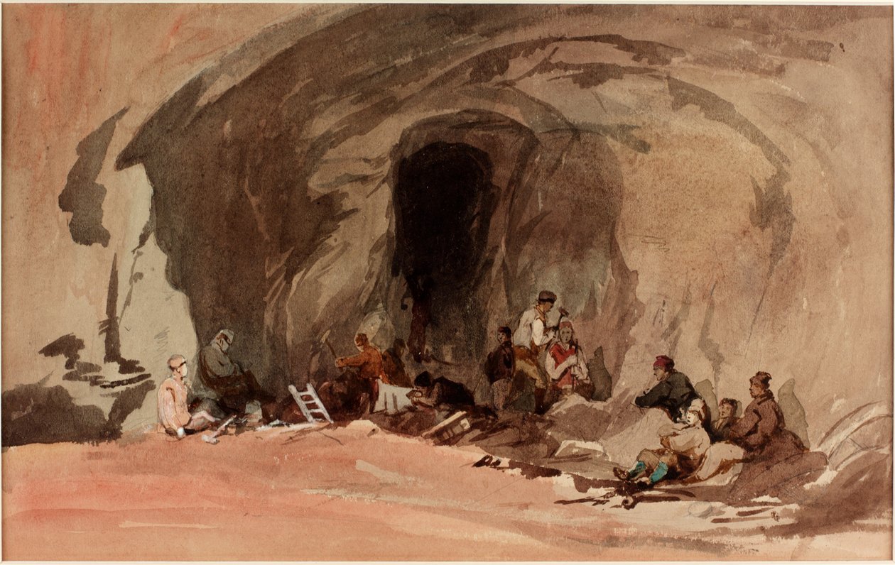 Minearbejdere, indgang til en jernmine, 1845 (blyant og wc på papir (på kort)) af J.B. Brown