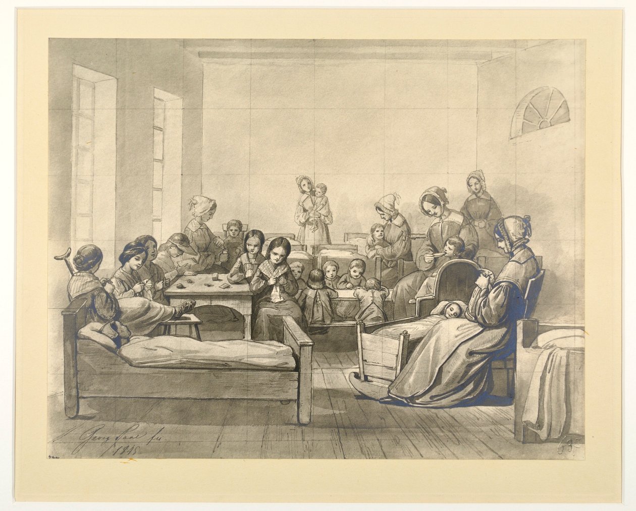 Kinder-Kranken-Saal, afdelingsscene med børn og diakonisser i Kaiserswerth, 1845 af J.B. Sonderland