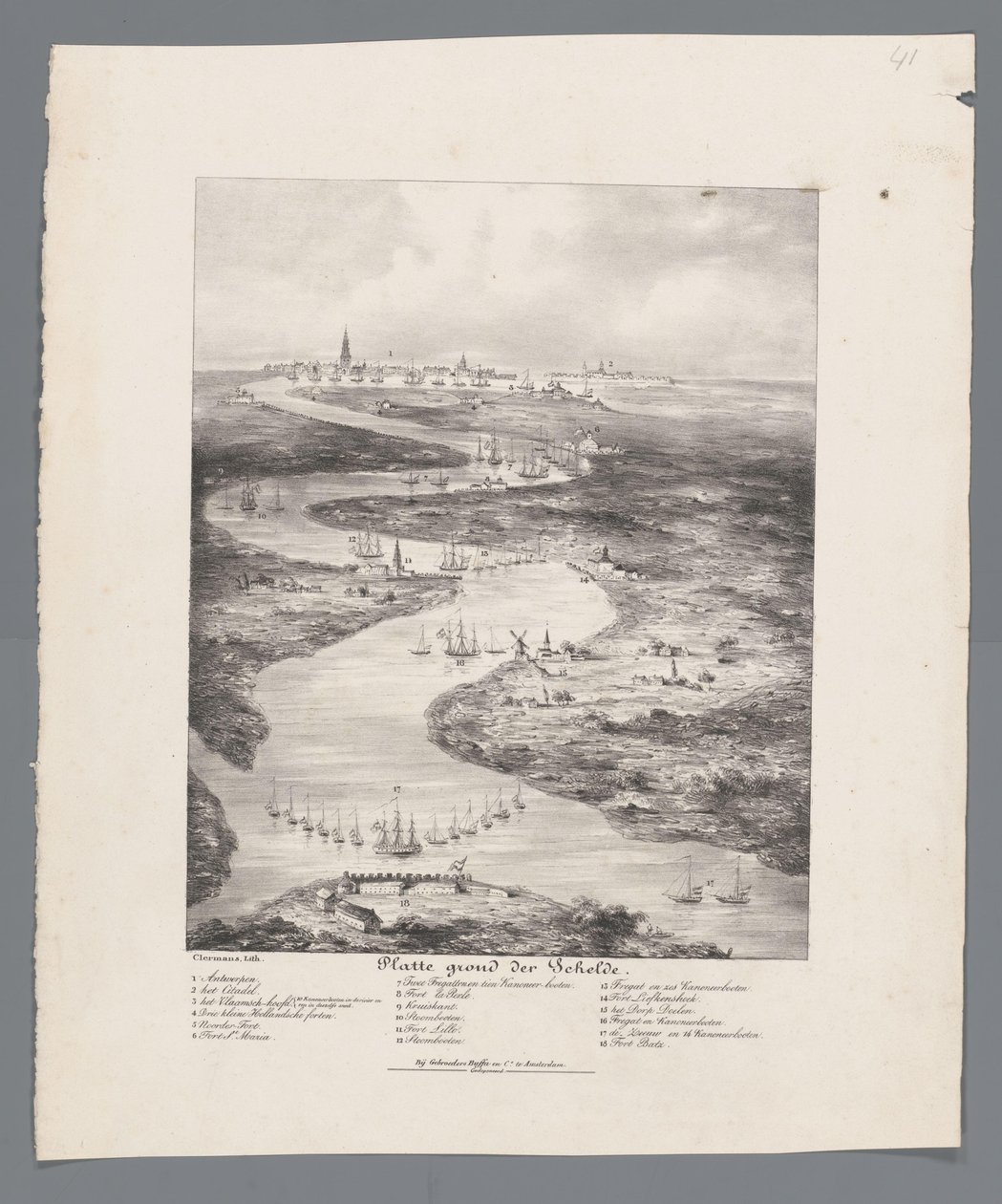 Walk of the Schelde fra Fort Bath til Antwerpen, 1832 Kort over Schelde (titel på objekt) af J.B. Clermans