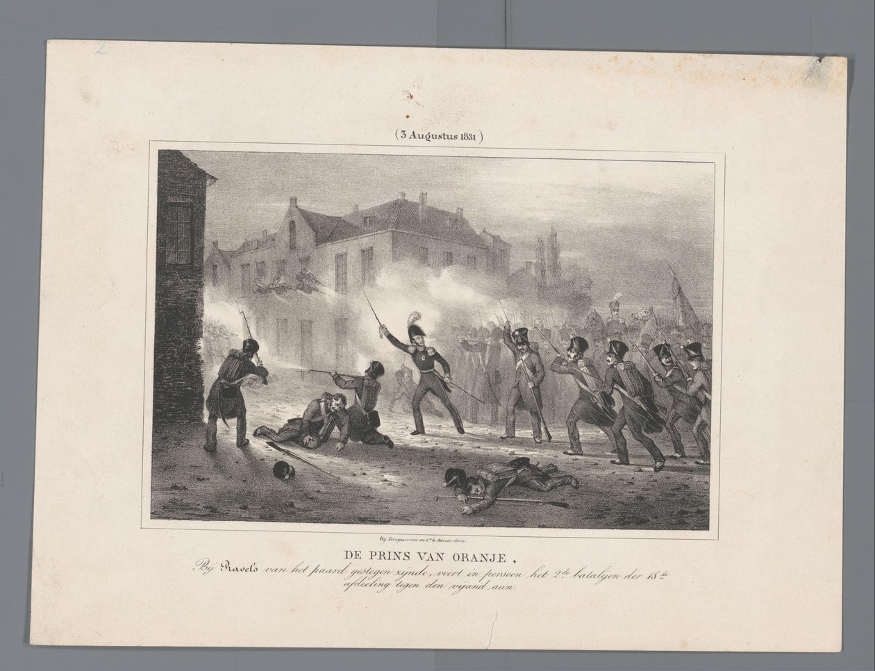 Prince of Orange ledede tropperne ved Ravels, 1831 Prinsen af ​​Orange, der er rejst fra hesten ved Ravels, leder personligt 2. batalyon af 18. division mod fjenden / (3. august 1831) (titel på objekt) Syv optegnelser over slag o af J.B. Clermans