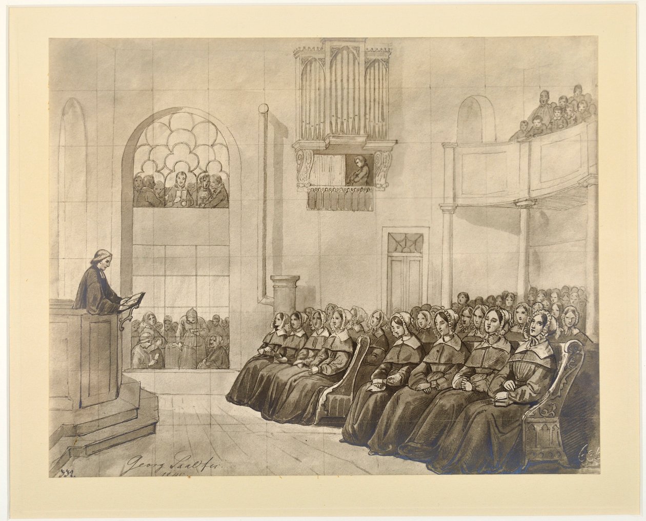 Diaconissen-Kirche, Pastor Fliedner prædiker for diakonisserne i kapellet i Kaiserswerth, 1840 af J.B. Sonderland