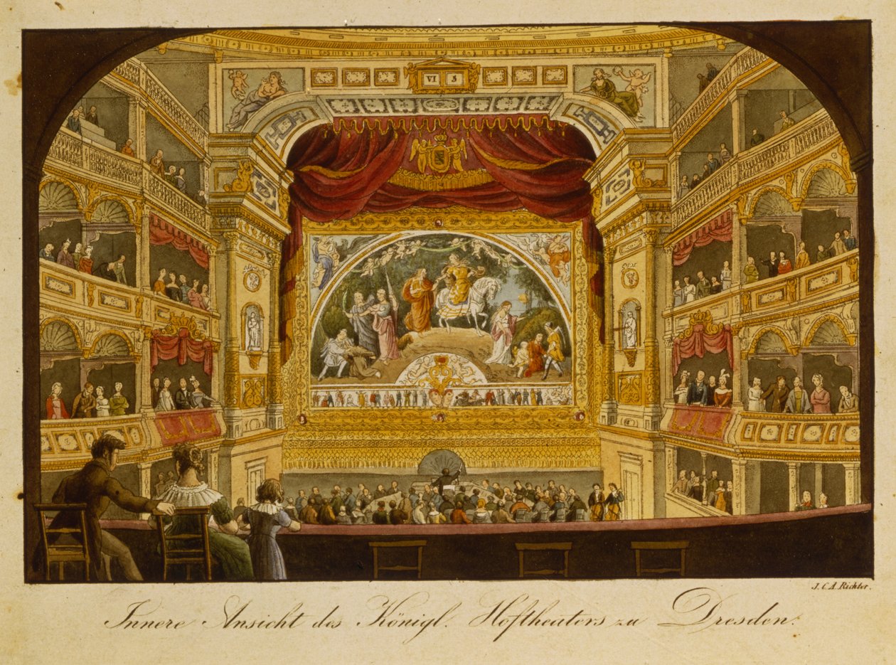 Det indre af det kongelige teater i Dresden, ca. 1845 (håndfarvet gravering) af J.C.A. Richter
