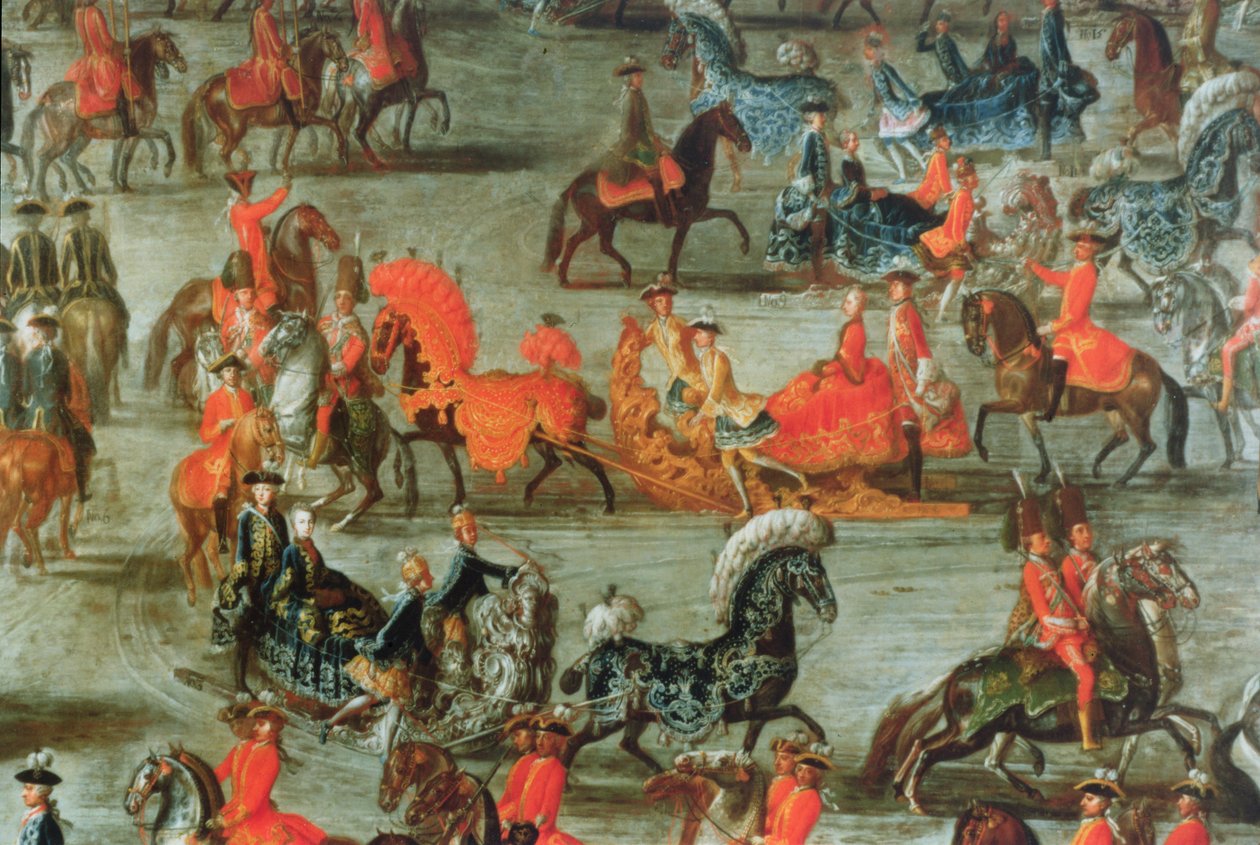 Den kejserlige slædetur i anledning af kejser Joseph II af Østrigs ægteskab med hans 2. hustru Maria Josepha von Bayern: detaljer om slæderne af J.C. Auerbach
