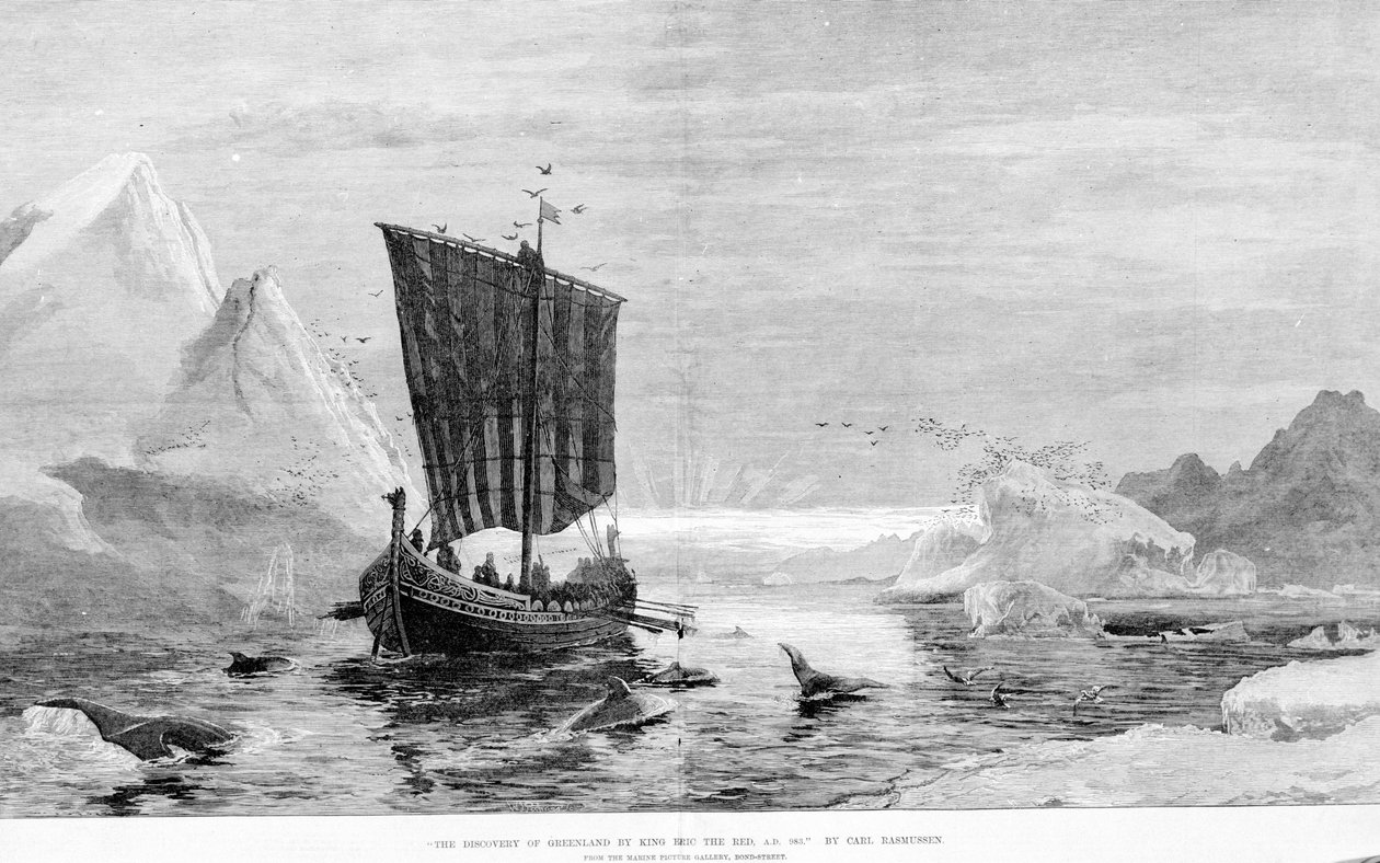 Opdagelsen af Grønland af Erik den Røde i 900-tallet af C. Rasmussen. The Marine Picture Gallery, Bond Street. af J.E. Carl Rasmussen
