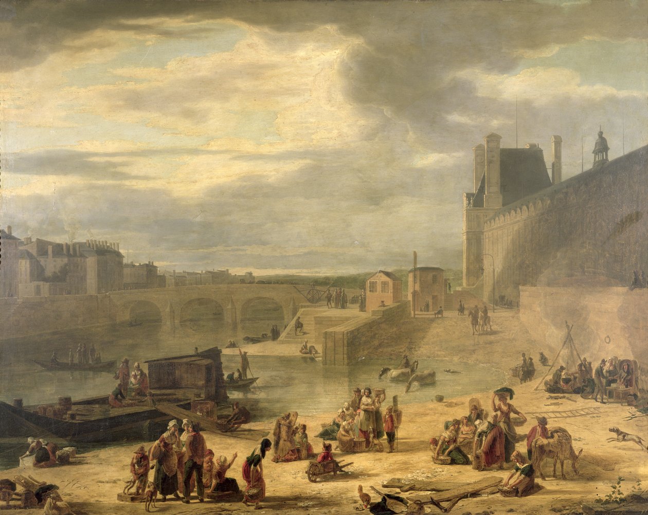 Udsigt over Grand Gallery of Louvre, Tuilerierne og Pont Royal, ca. 1795 af J.F. De Pelchin