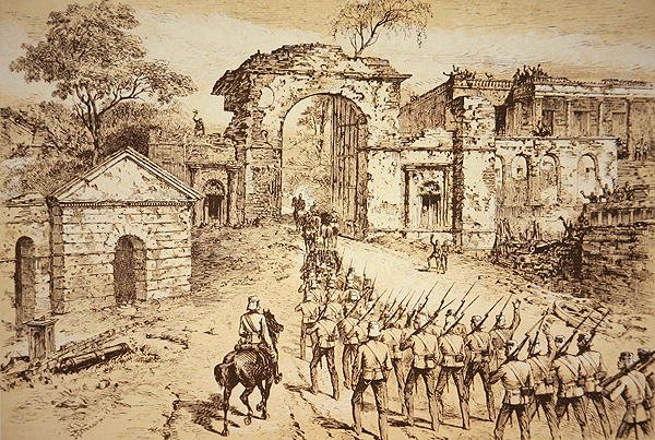 General Outram gik ind i forsvaret af Residency, Lucknow, den 25. september 1858 i spidsen for Havelocks hjælpestyrke (litho) af J.F. (after) Weedon