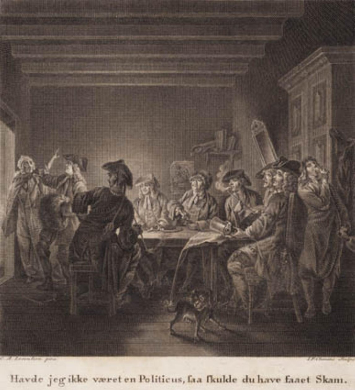 Den politiske kandestøber. ”Havde jeg ikke været en Politikus, da skulle du have fået skam.” Gravering efter Lorentzens Holberg Galleri. af J.F. Clemens
