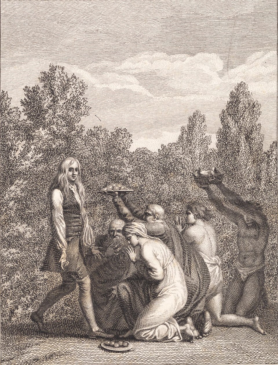 Niels Klim hyldes af Qvamiterne, der bringer ham gaver og knæler for ham af J.F. Clemens