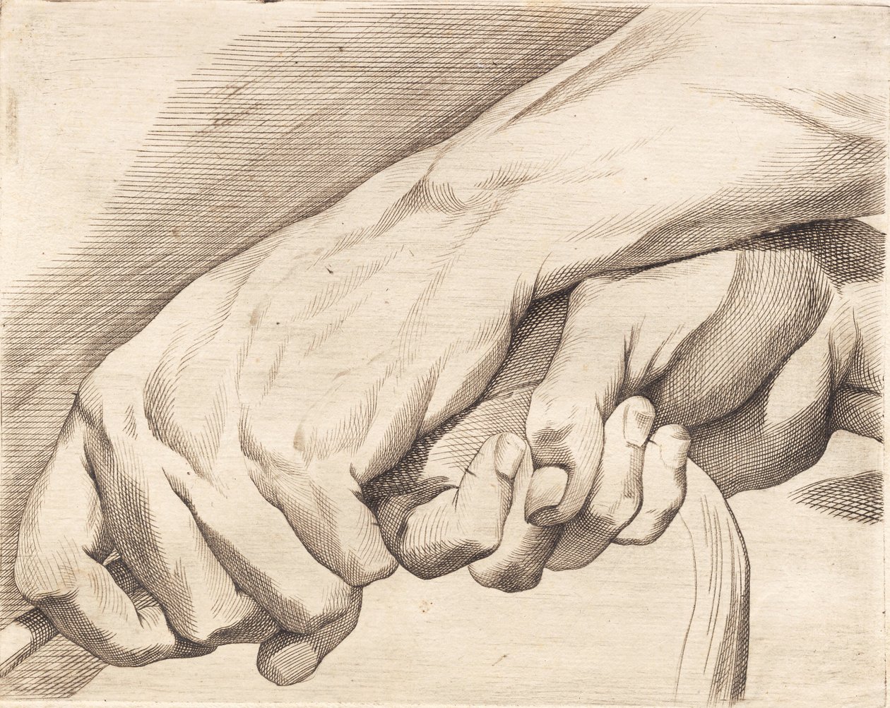 Studieblad af to hænder, der holder om et tov af J.F. Clemens
