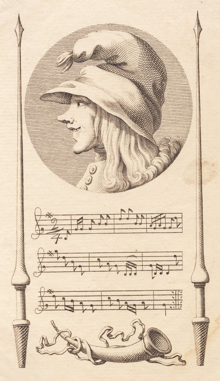 Vignet. Hoved af en bondedreng mellem to lanser. af J.F. Clemens