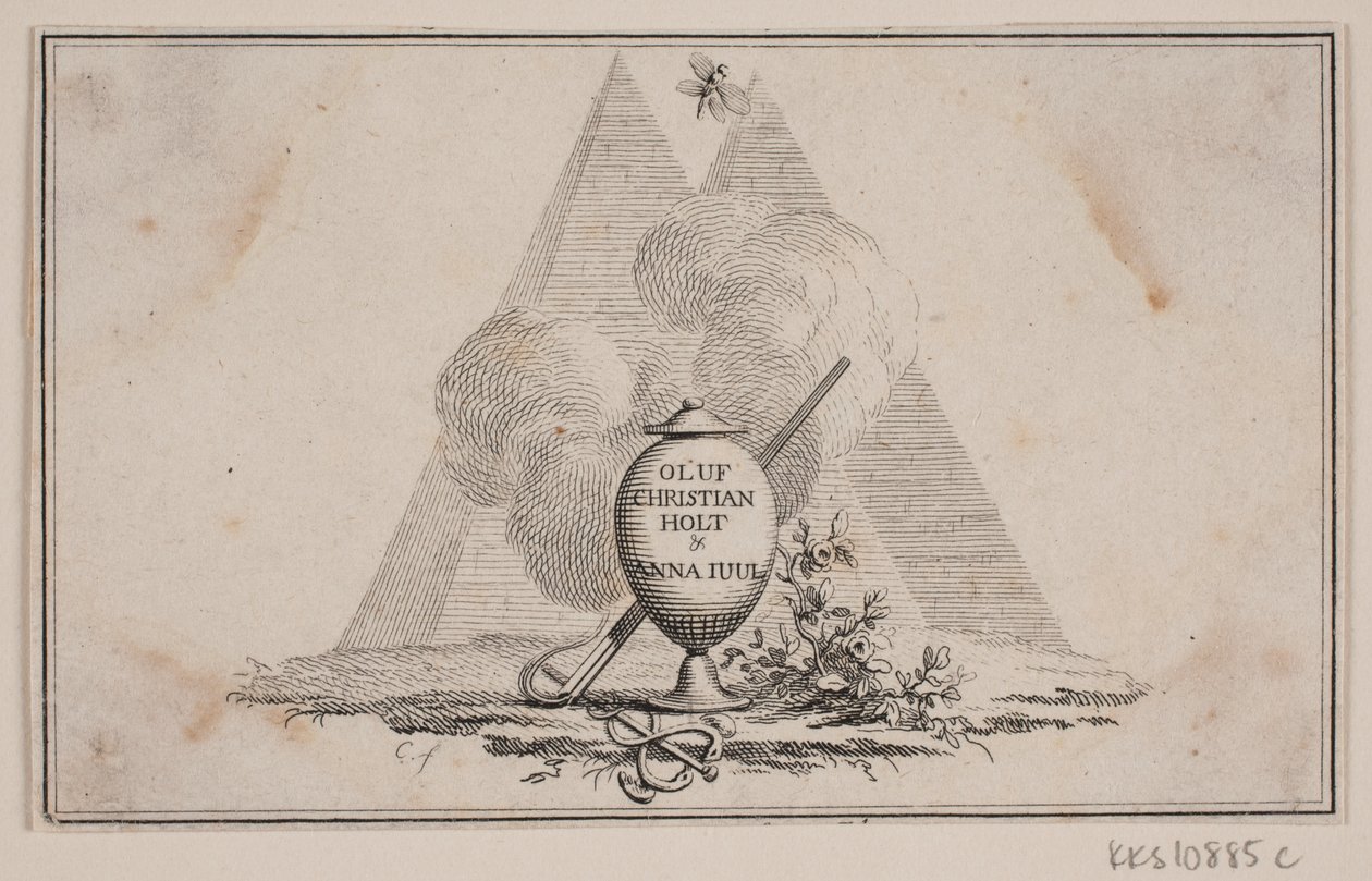 Vignet med vase og indskrift af J.F. Clemens