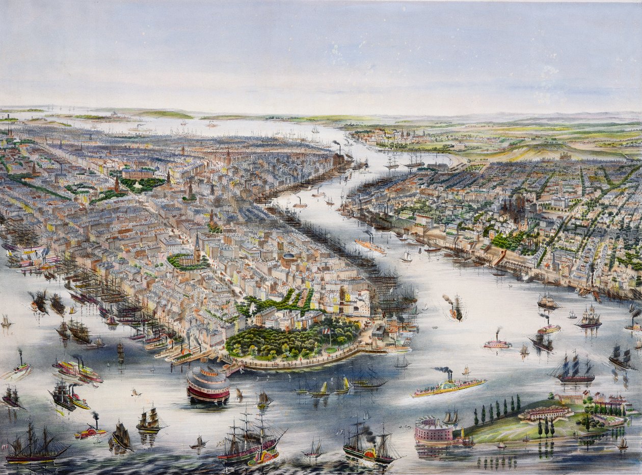 New York og Brooklyn i fugleperspektiv, trykt af I. Schaerer af J.H. Lochner
