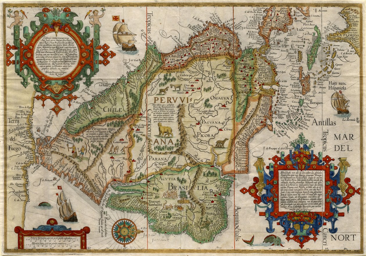 Delineatio omnium orarum totius Australis parties Americae..., ca. 1596 (håndkoloreret kobberstik) af J.H. & van Langren A.F. (1571-1644) Linschoten