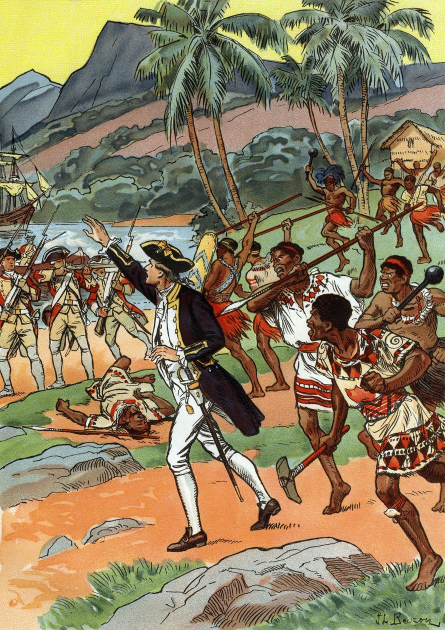 James Cooks død dræbt af lokalbefolkningen på Hawaii af J.L Beuzon (fl.1880 1940)