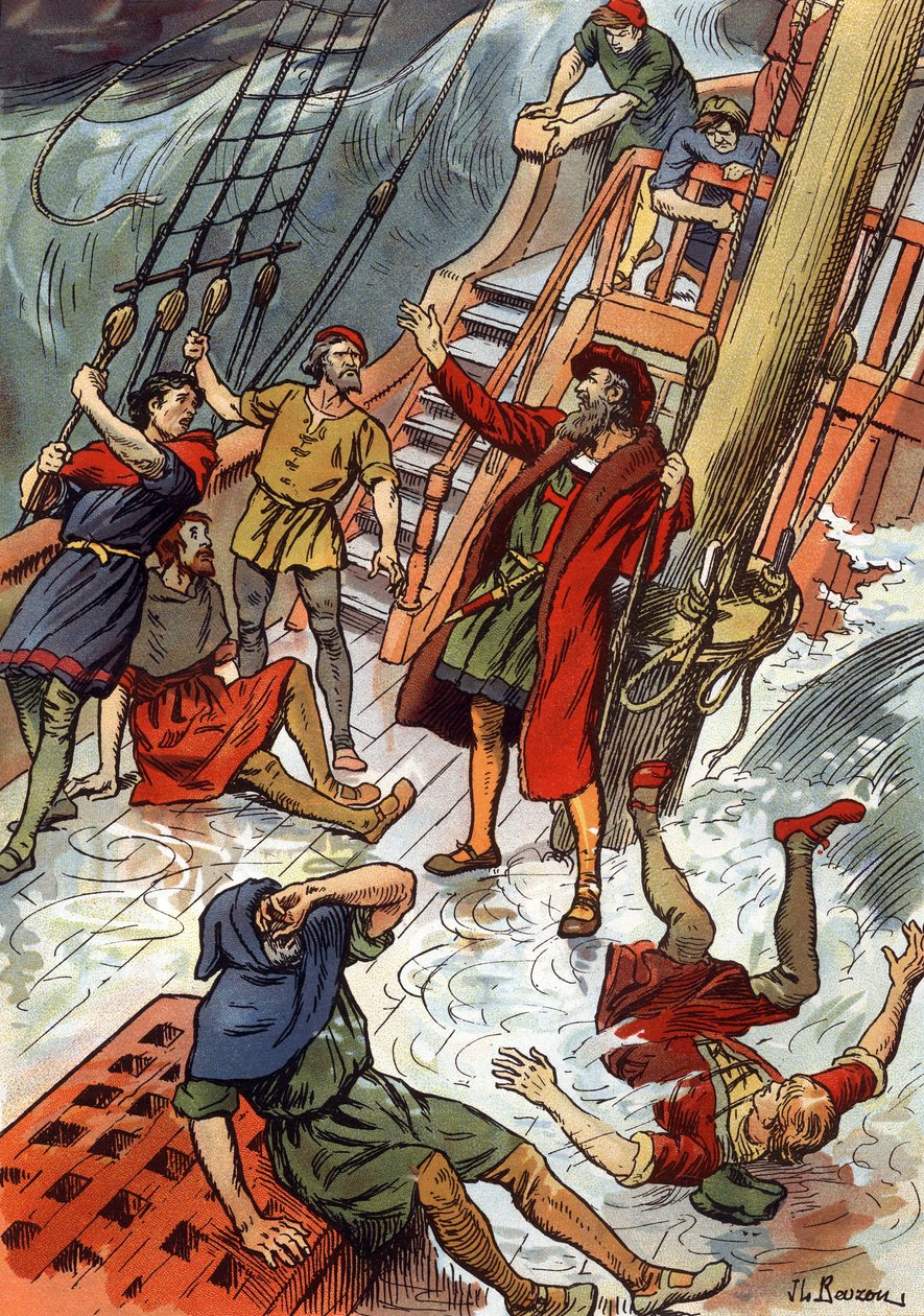 Vasco de Gama her under en storm ved Kap det Gode Håb i Sydafrika af J.L Beuzon (fl.1880 1940)