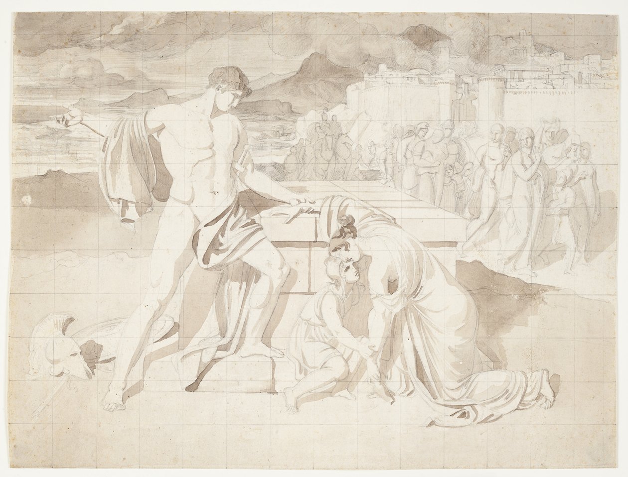 Andromache og sønnen Astyanax sammen med Pyrrhus ved Hectors sarkofag af J.L. Lund