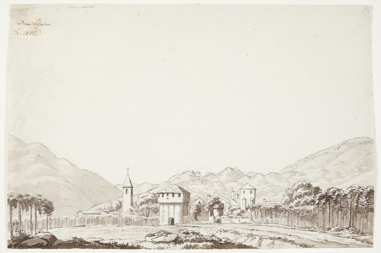 Landskab fra Domodossola i Schweiz med kirke og vagtårn af J.L. Lund