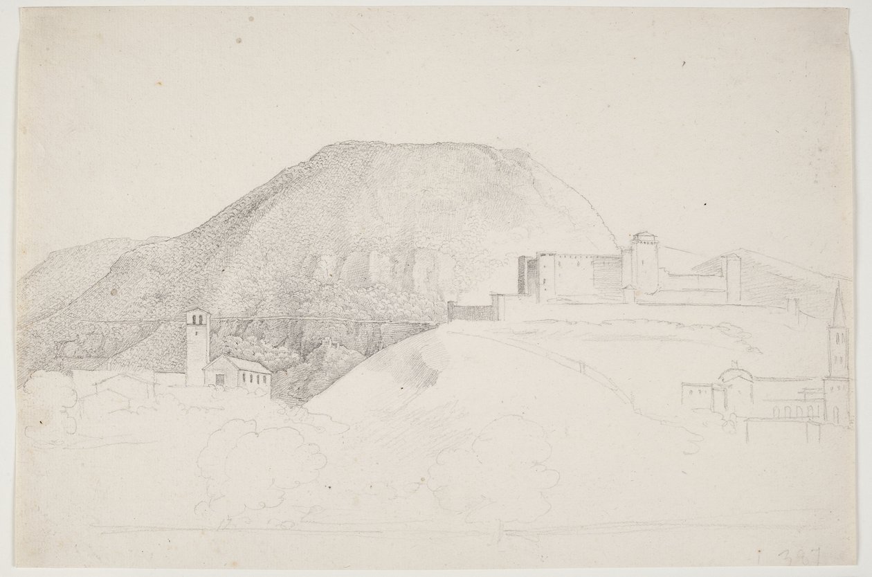 Landsskabsstudie med bjerg og bygninger. Spoleto, Italien af J.L. Lund