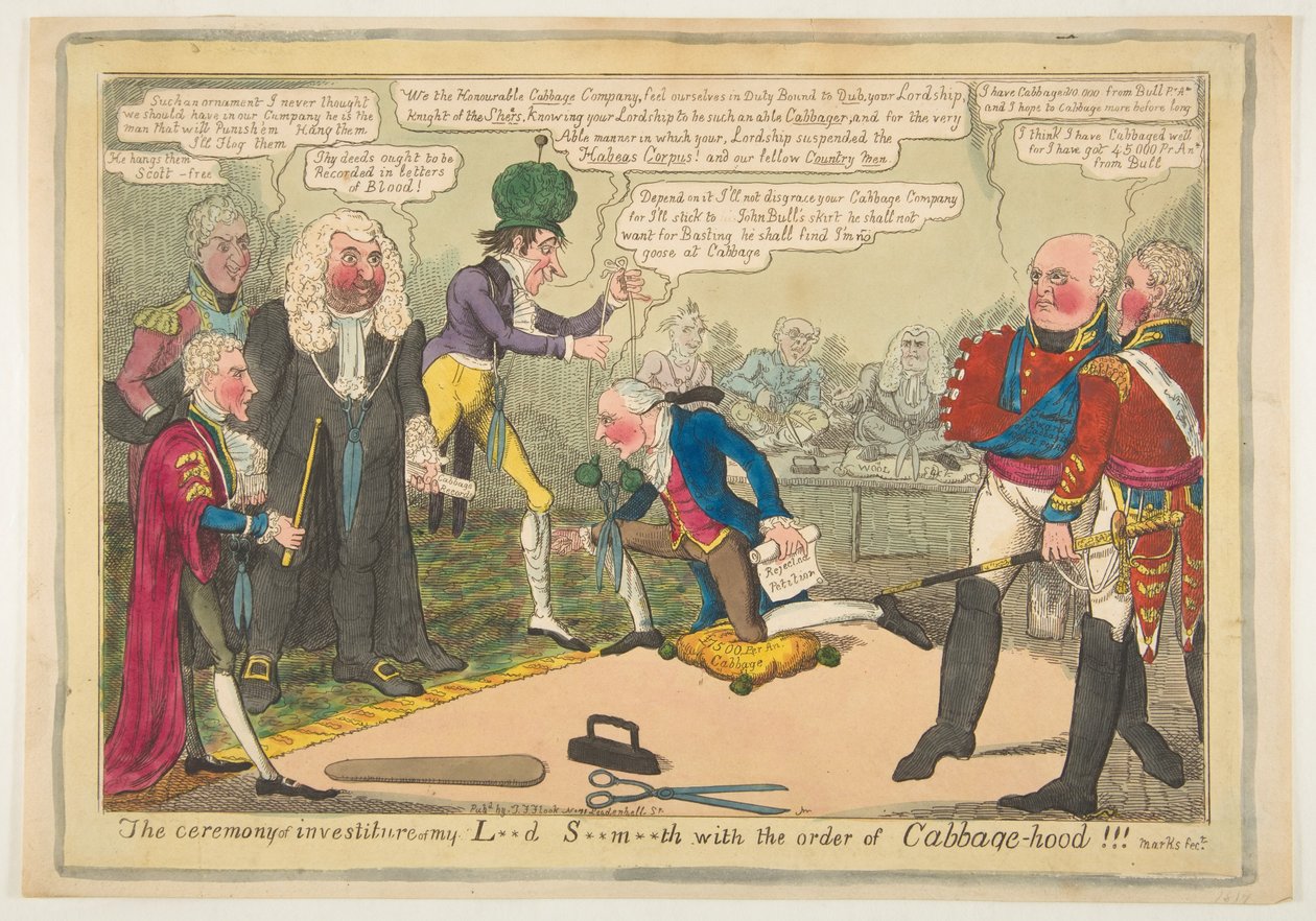 Ceremony of Investiture of My L**d S**m**th med Order of Cabbage-hood, ca. juni 1819. af JL Marks