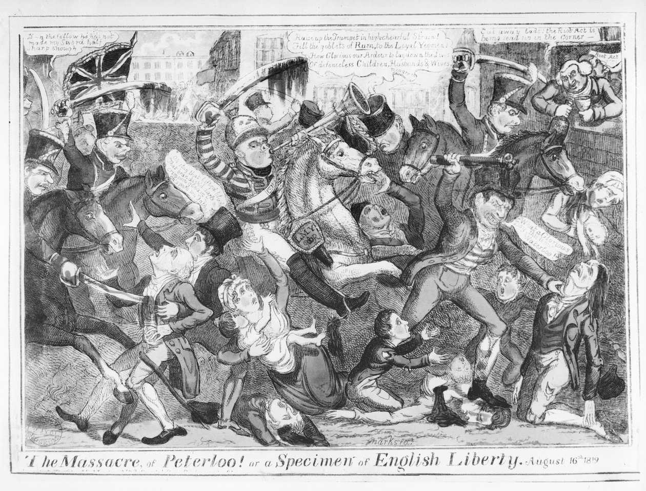 "Massakren i Peterloo! eller et eksempel på engelsk frihed, 16. august 1819" (radering) af J.L. Marks