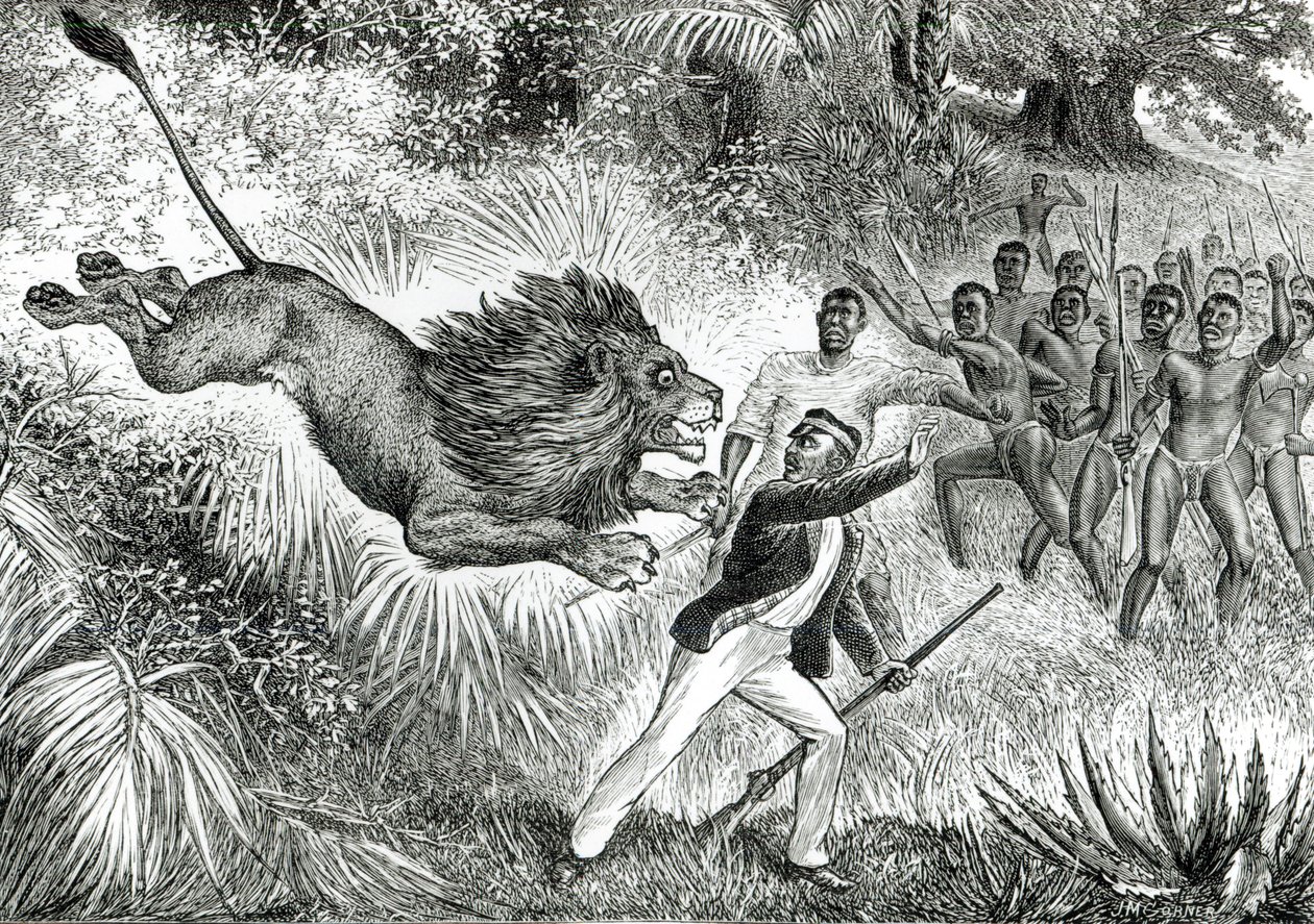 Livingstone angrebet af en løve (bw-billede) af J.M. Cobner