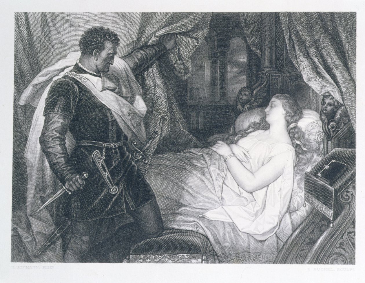 Othello og Desdemonda, graveret af Eduard Buchel (1835-1903) af J.M.F. Heinrich
