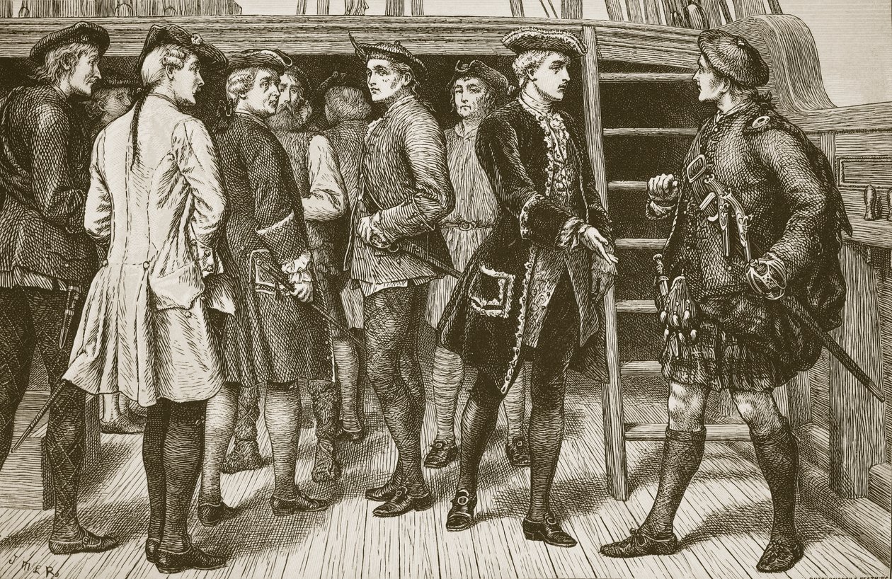 Den unge prættendent og højlandshøvdingerne om bord på "Doutelle" før hans landgang i Skotland, graveret af Butterworth and Heath af J.M.L. Ralston