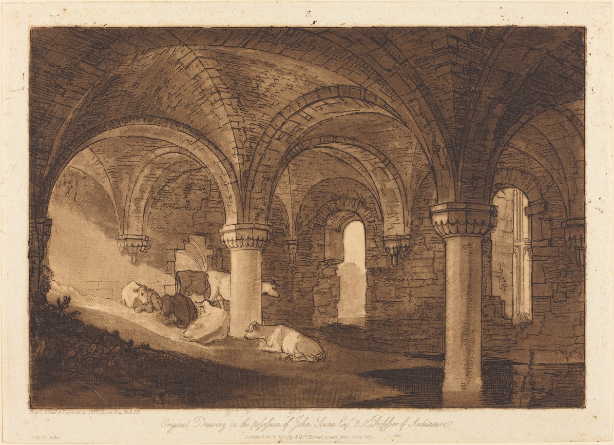 Crypt of Kirkstall Abbey, udgivet 1812. af Joseph Mallord William Turner