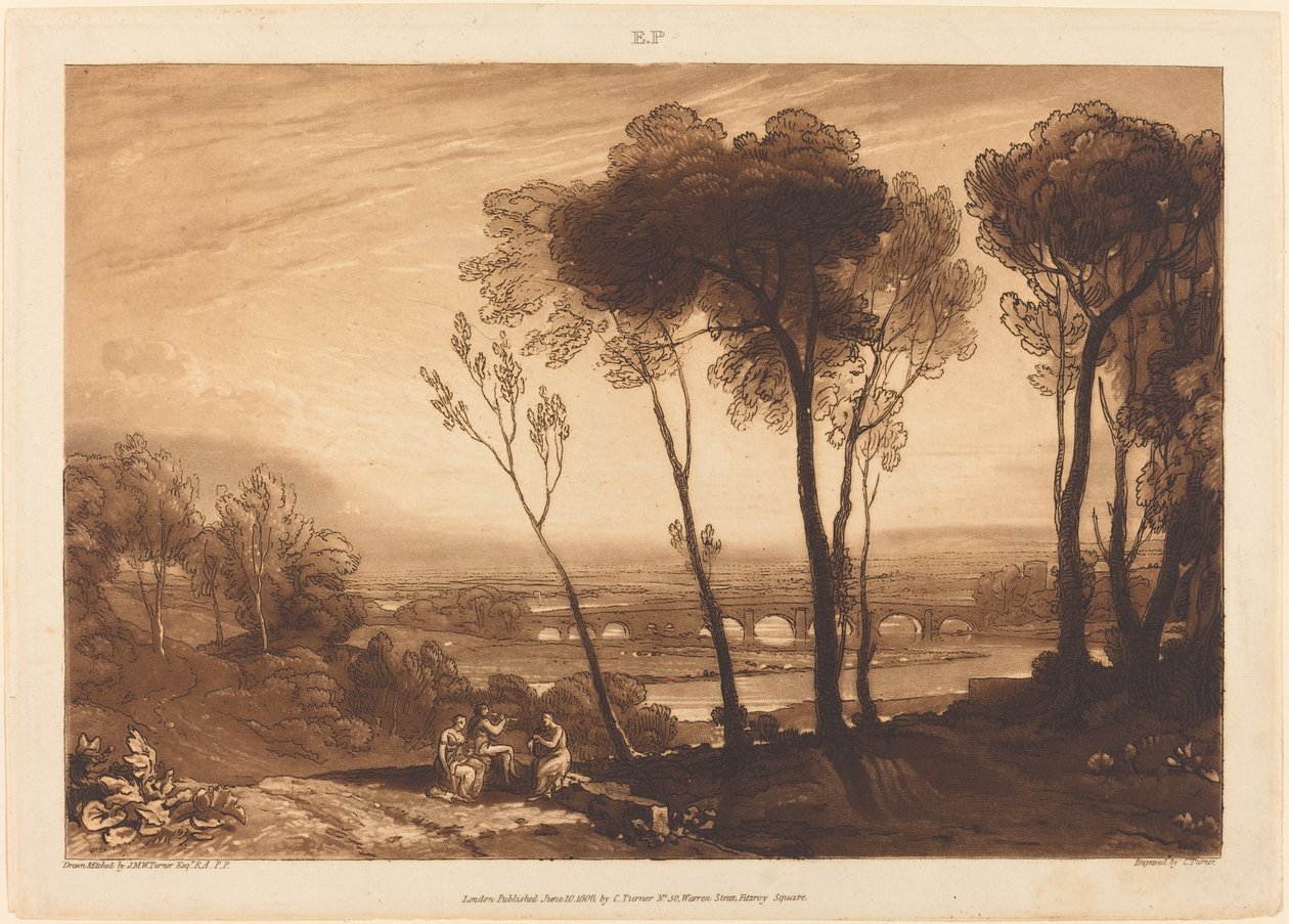 The Bridge in Middle Distance, udgivet 1808. af Joseph Mallord William Turner