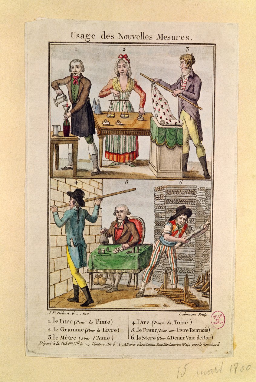 Brug af de nye mål, graveret af Labrousse, 1795 af J.P. Delion