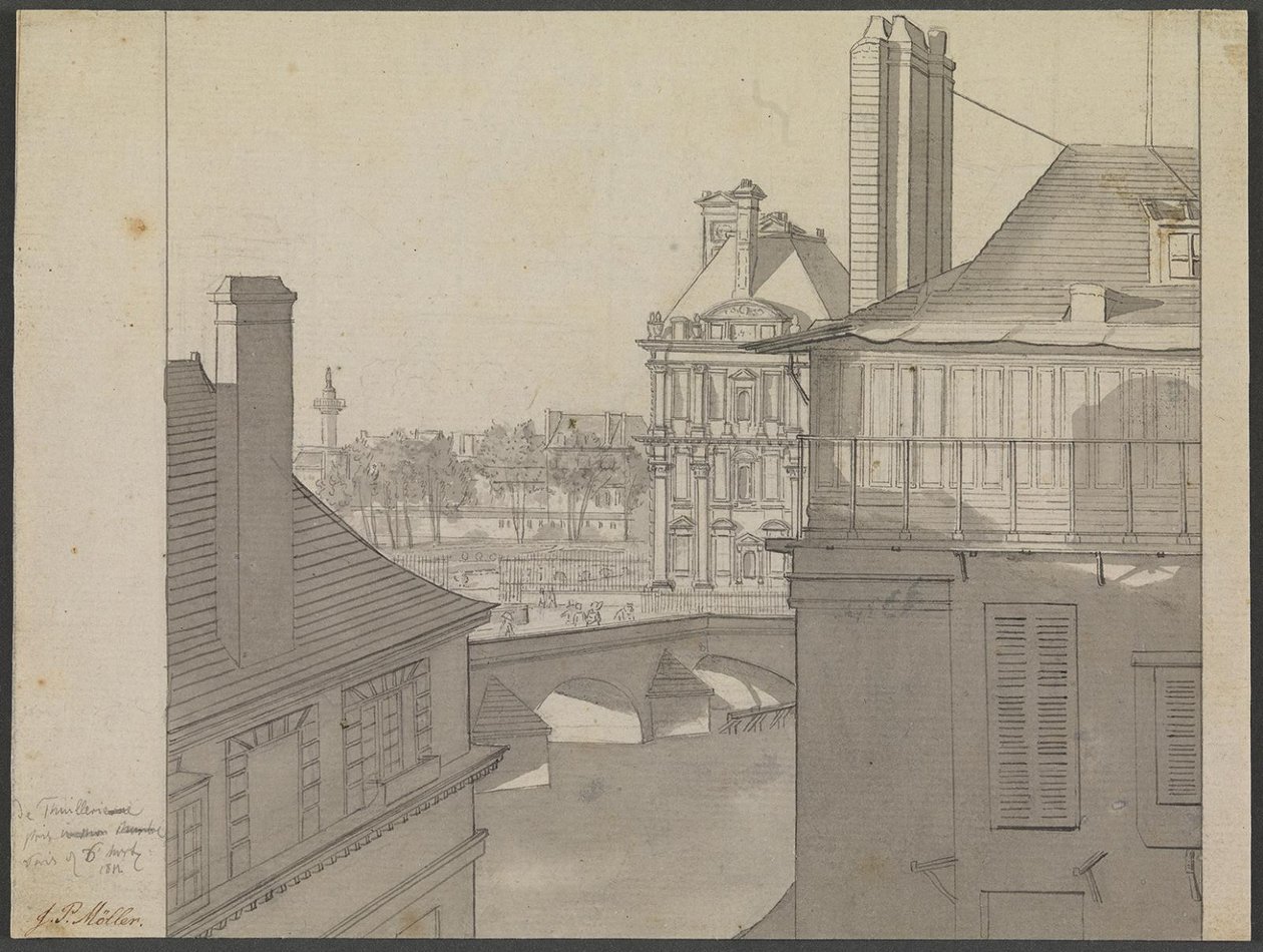 Udsigt fra J.P. Møllers lejlighed på Hotel d’Irlande, Rue de Beaune nr. 3, over Seinen mod Tuilerierne og Rue de Rivoli, 6. marts 1812 af J.P. Møller