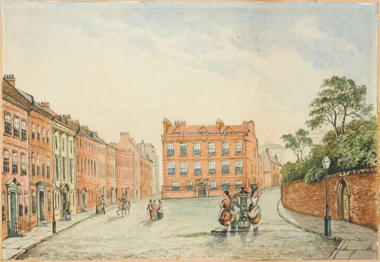 Cross House med Vicars Pump, Newcastle kropsfarve, blyant og wc ombord af J.R. Dewar