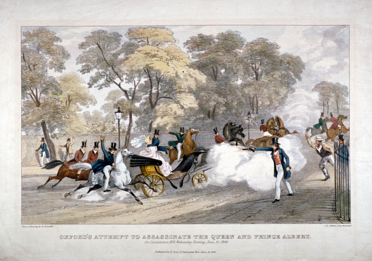 Attentatforsøg mod dronning Victoria, Constitution Hill, Westminster, London, 1840 af JR Jobbins