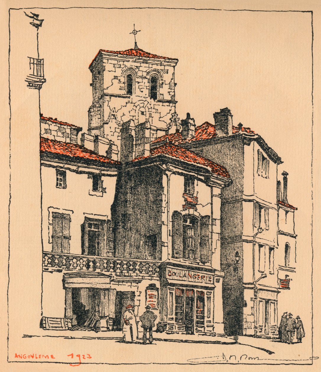 Place du Murier, med tårnet af kirken St Andre, i Angouleme, Frankrig, 1924 af JR Rowe