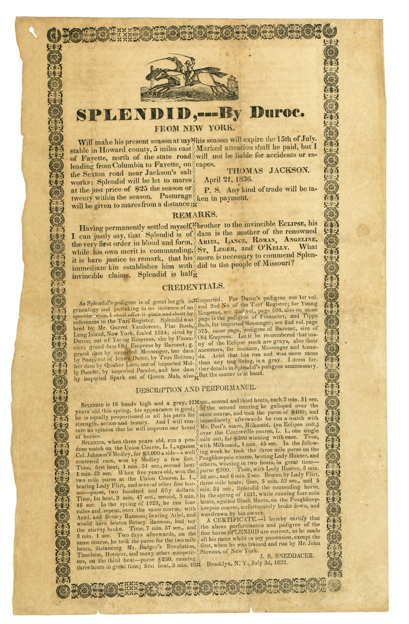 Certificeret af Duroc, Brooklyn, NY, 3. juli 1832 af J.S. Sneddacer
