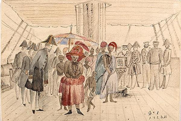 Vestafrikanske høvdinge om bord på et flådefartøj, ca. 1850 (akvarel og blyant på papir) af J.T.C. Webb