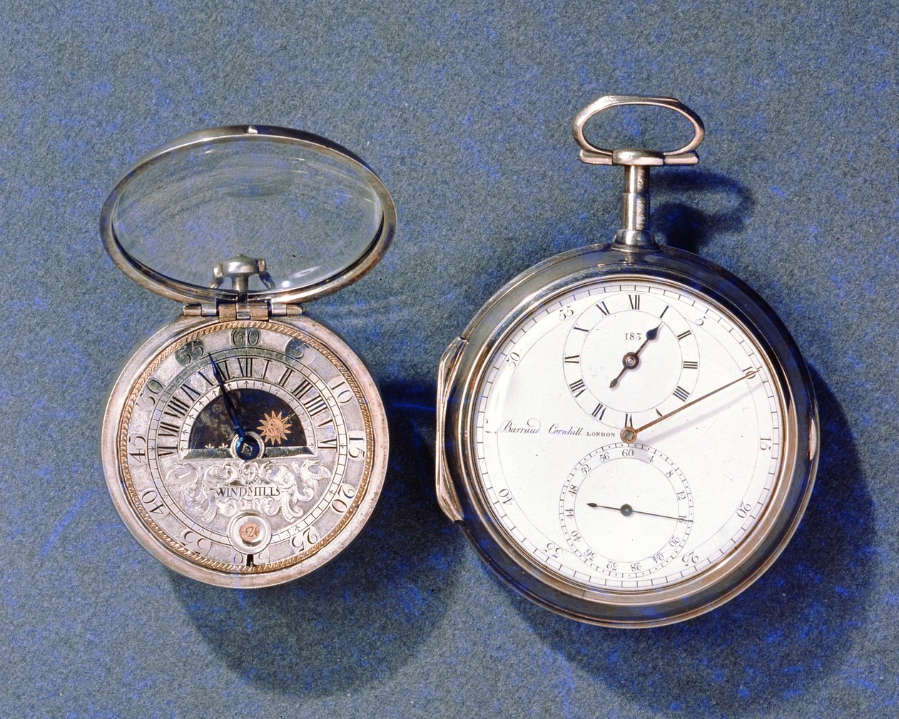 Sol- og måneur med urskive, af J.Windmills (fl.1671-1723), ca. 1700; lommekronometer, af Barraud, London, 1797 af J.Windmills and Barraud 1797