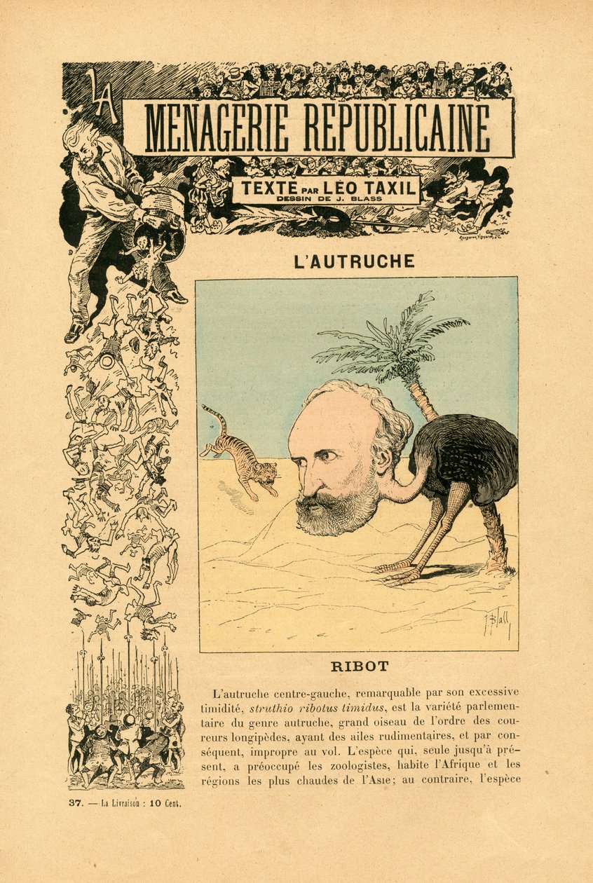 Menagerie Republicaine Humoristisk galleri med hovedpersonerne i Den Tredje Republik, nummer 37, Satirique en Couleurs af J. (1847 1892) Blass