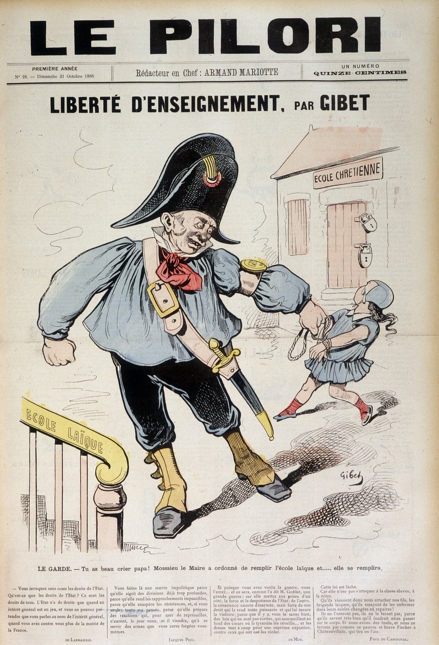 Undervisningsfrihed af Gibet: The Guard - Du kan skrige far! Borgmesteren har beordret at fylde Laique-skolen og... den vil blive fyldt (karikatur på Laique-skolen), forsiden af "" Le Pilori"" den 31. oktober af J.  Blass