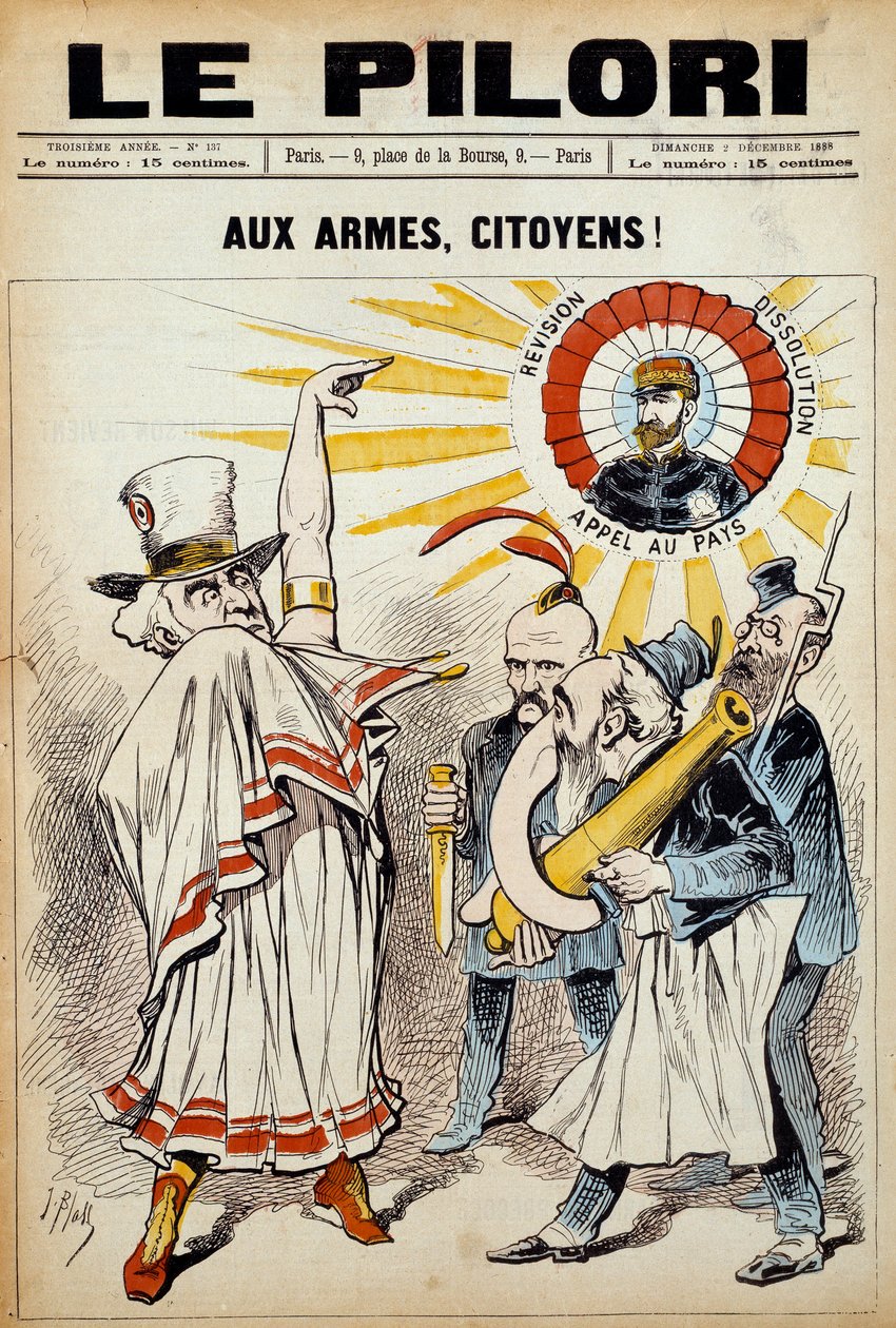 En af avisen "" søjlen"": "" til borgernes våben! “” den 2. december 1888 under en demonstration mod general Boulanger. Illustration af J. Blass
