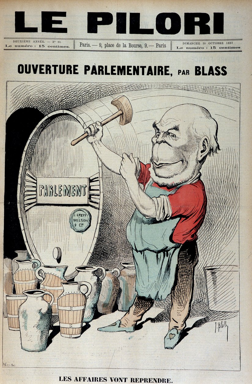 Åbning af Parlamentet: Forretningerne genoptages (karikatur om skandalen med dekorationer, der involverer Daniel Wilson og Jules Grevy) - Illustration af J. Blas (Albert Douat dit) (1847-1892). i "" Le Pilori""" af 30/10/1887 af J.  Blass
