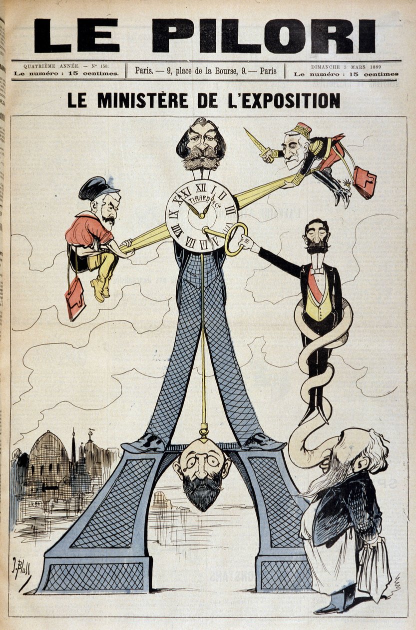 Udstillingsministeren (tegneserie om finansielle skandaler i slutningen af det 19. århundrede og Eiffeltårnet). Illustration af J. Blass