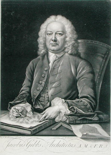 Portræt af James Gibbs (1682-1754) indgraveret af James McArdell (ca. 1729-65) (gravering) af J. (after) Williams